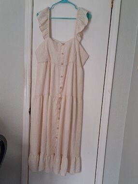 Impressions Cream Textured Long Popover Sundress Ruffles Buttons Casual Sz 3X
